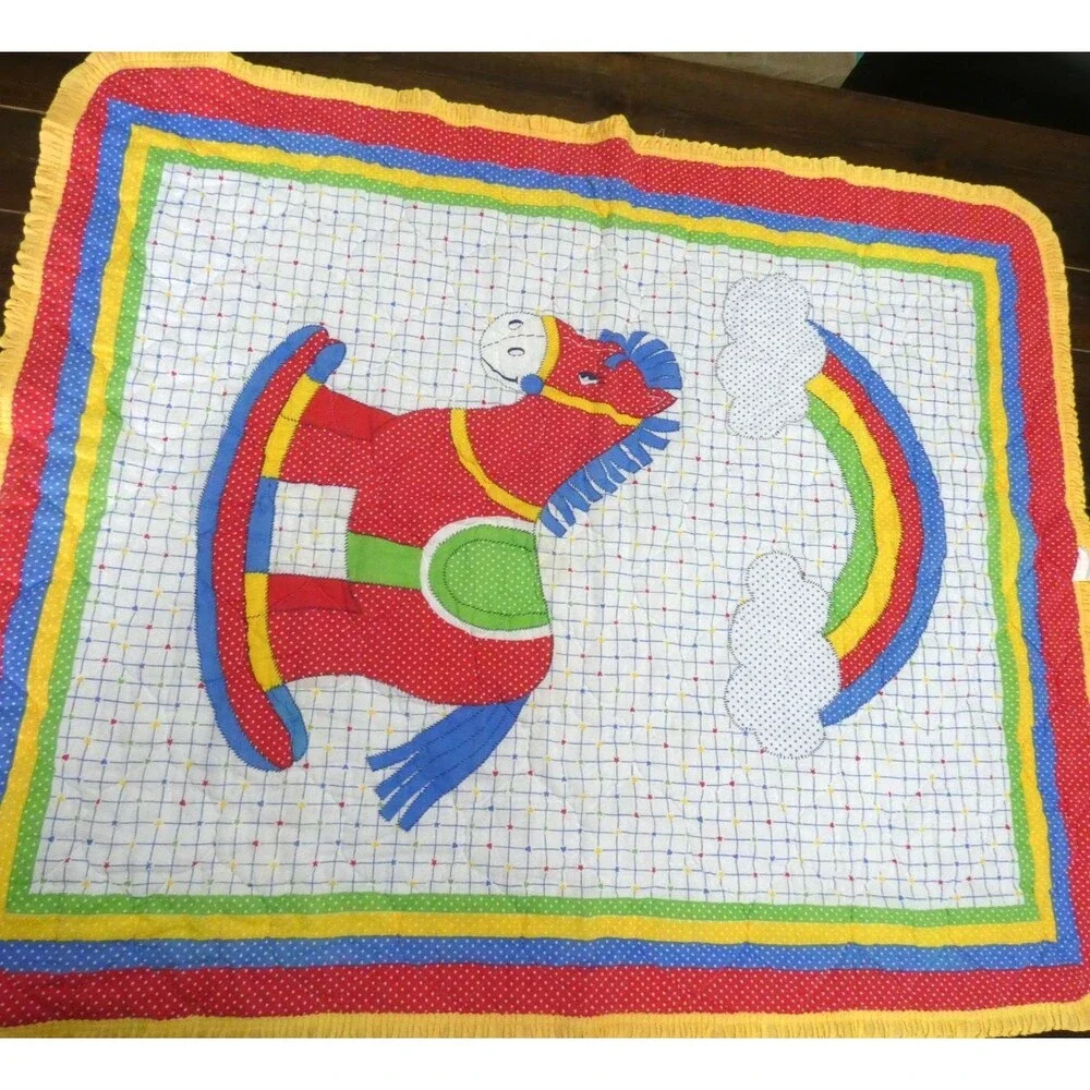 VTG Handmade Baby Blanket Quilt Nursery Rocking Horse Rainbow Ruffle 42